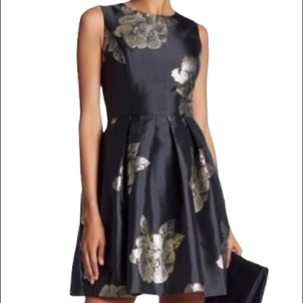 Maia Black / Metallic Gold Floral Embossed Fit & Flare Cocktail Dress